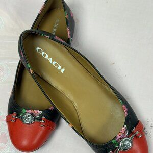 NEW-Coach Leila-Women-Signature Red/Black flower print leather Flat Shoes. Sz-8.